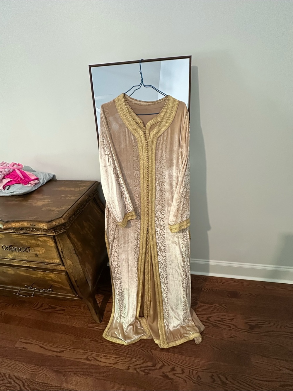 Elegant Cream and Gold Long Embroidered Caftan
